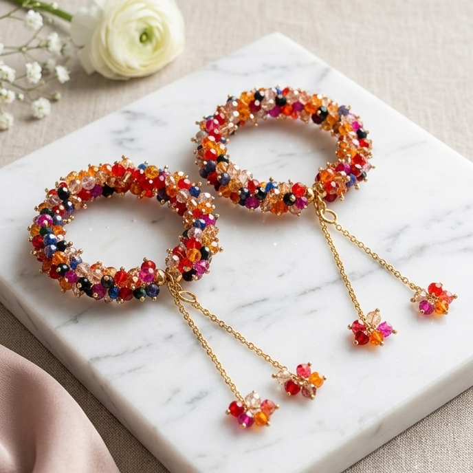 Handmade Pair of 2 Beaded Gajra Bracelets – Elegant Floral Desi Bangles for Girls & Women
