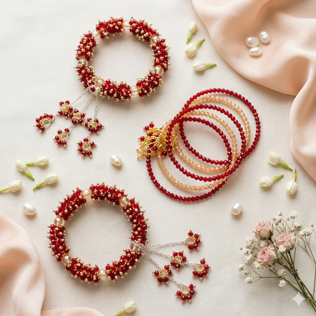 Handmade Beaded Gajra Bracelets Set – Elegant Floral Desi Jewelry for Girls & Women