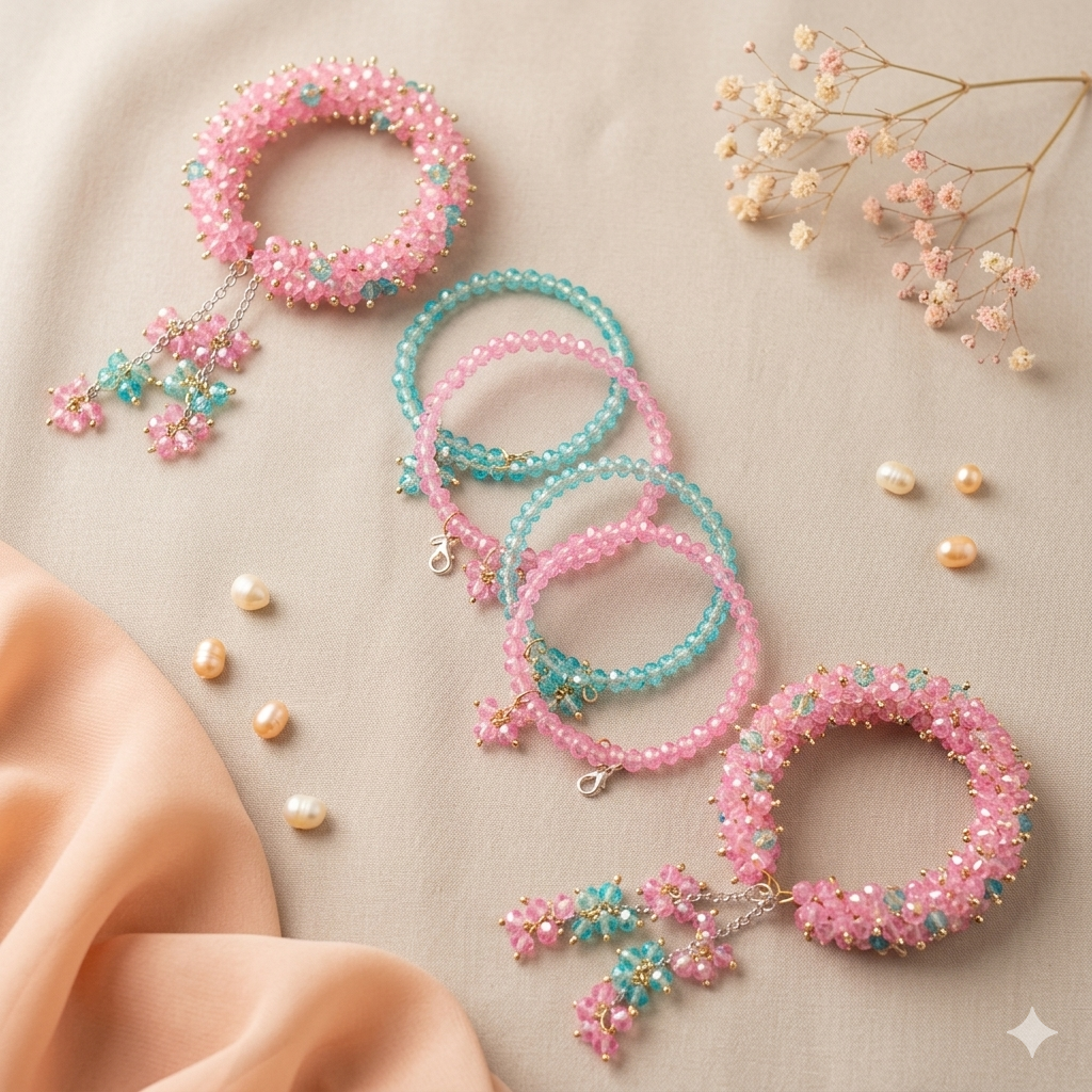 Handmade Beaded Gajra Bracelets Set – Elegant Floral Desi Jewelry for Girls & Women