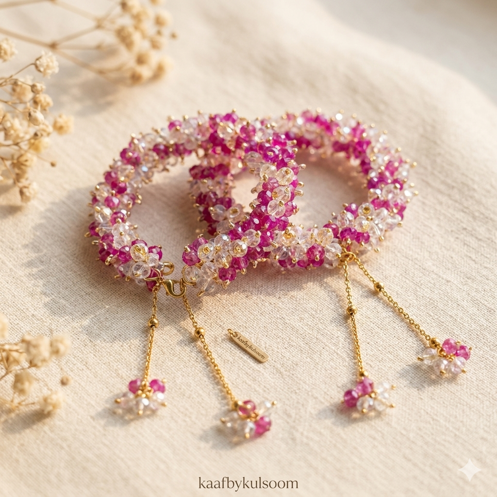 Handmade Pair of 2 Beaded Gajra Bracelets – Elegant Floral Desi Bangles for Girls & Women